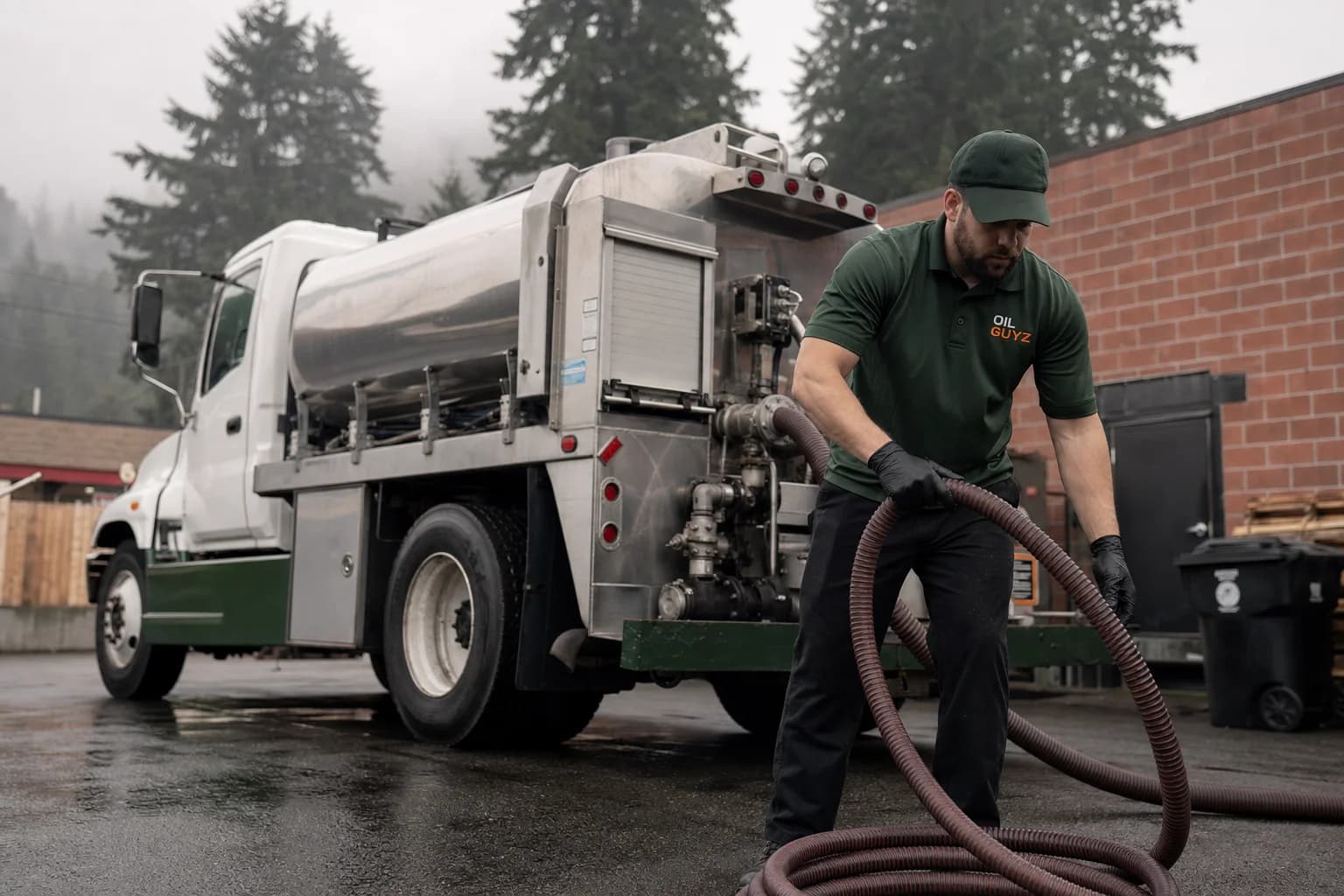 Free used cooking oil pickup at a Fife restaurant — unbranded white pump truck with hunter-green Oil Guyz technician