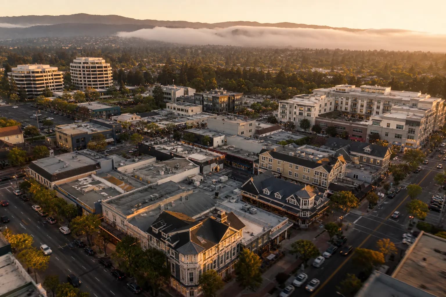 Aerial view of Foster City restaurant district at golden hour
