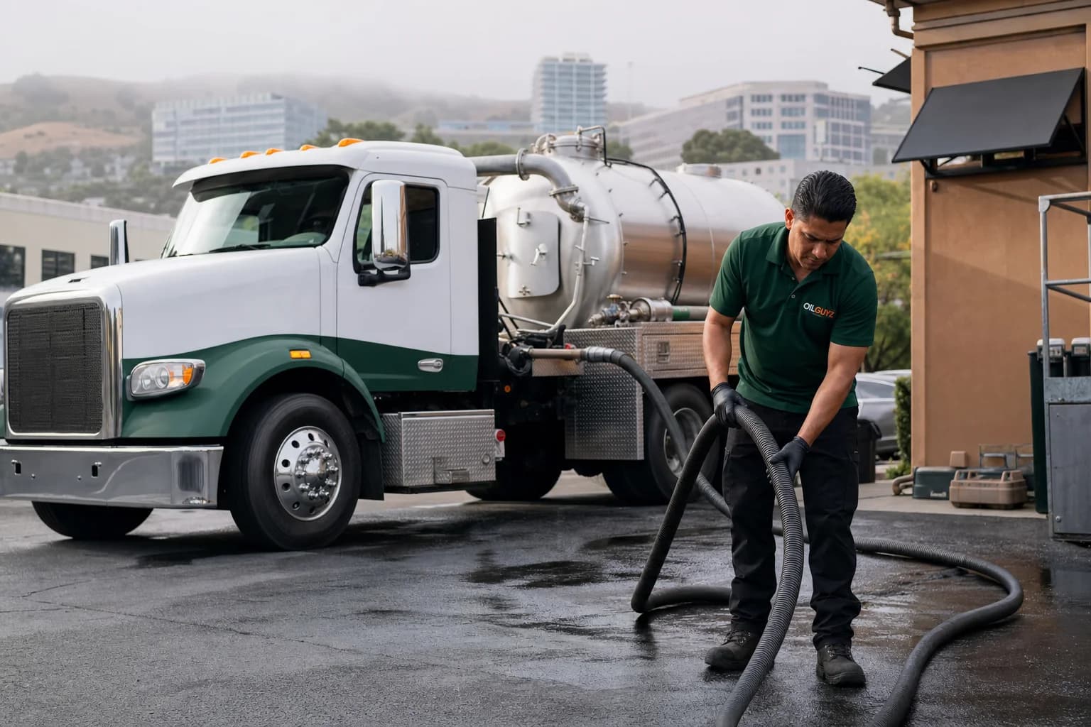 Free used cooking oil pickup at a Foster City restaurant — unbranded white pump truck with hunter-green Oil Guyz technician