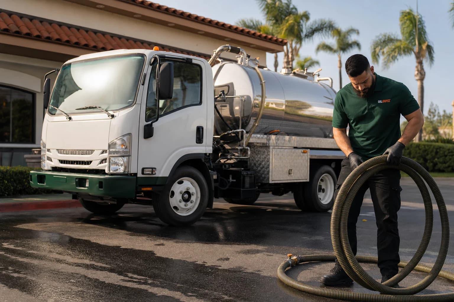 Free used cooking oil pickup at a Fountain Valley restaurant — unbranded white pump truck with hunter-green Oil Guyz technician