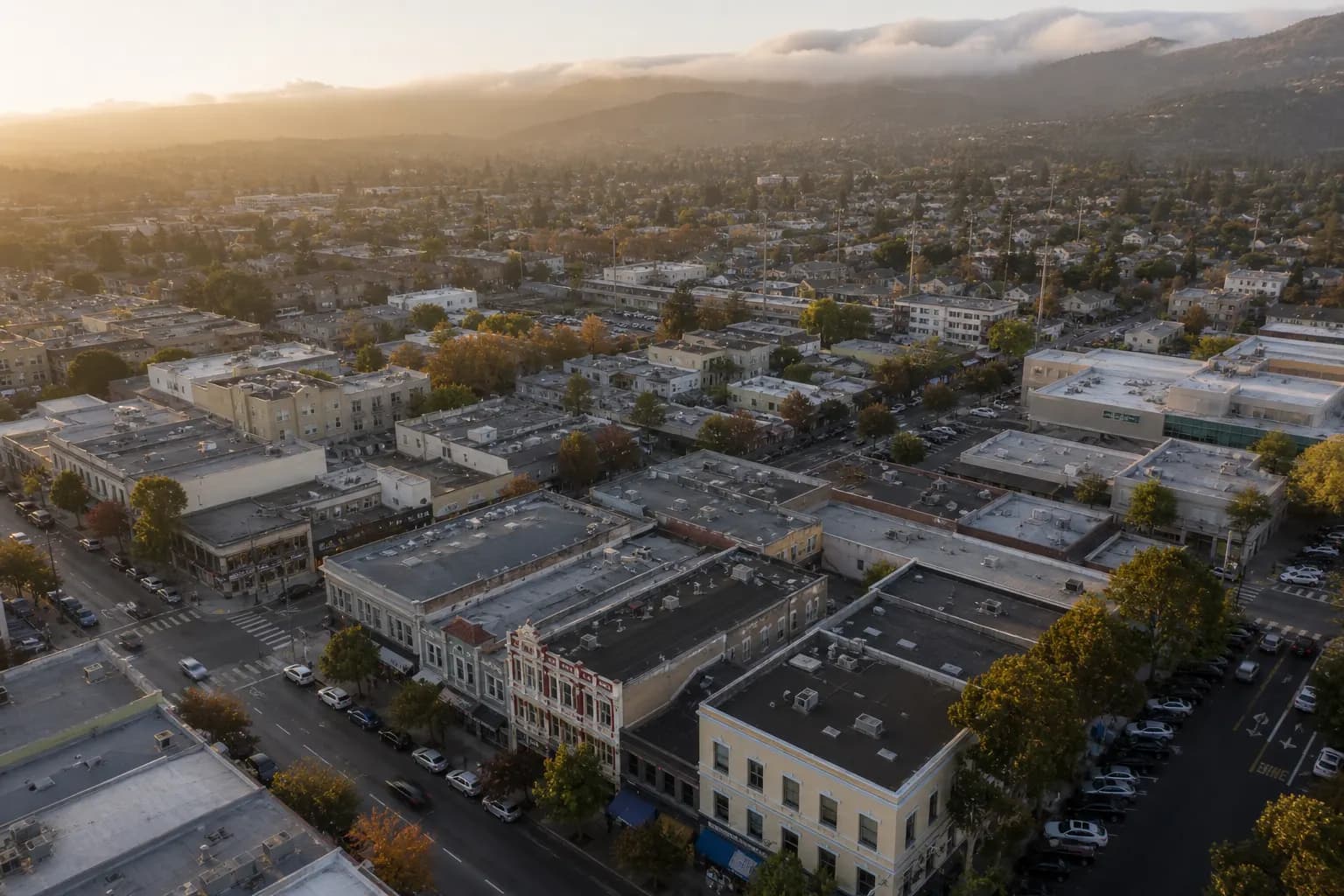 Aerial view of Fremont restaurant district at golden hour