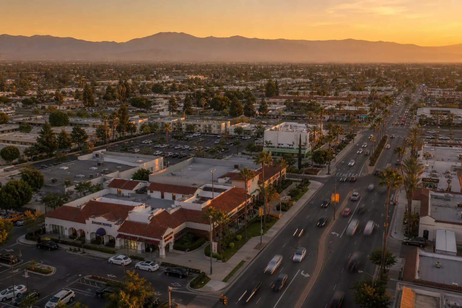 Aerial view of Garden Grove restaurant district at golden hour