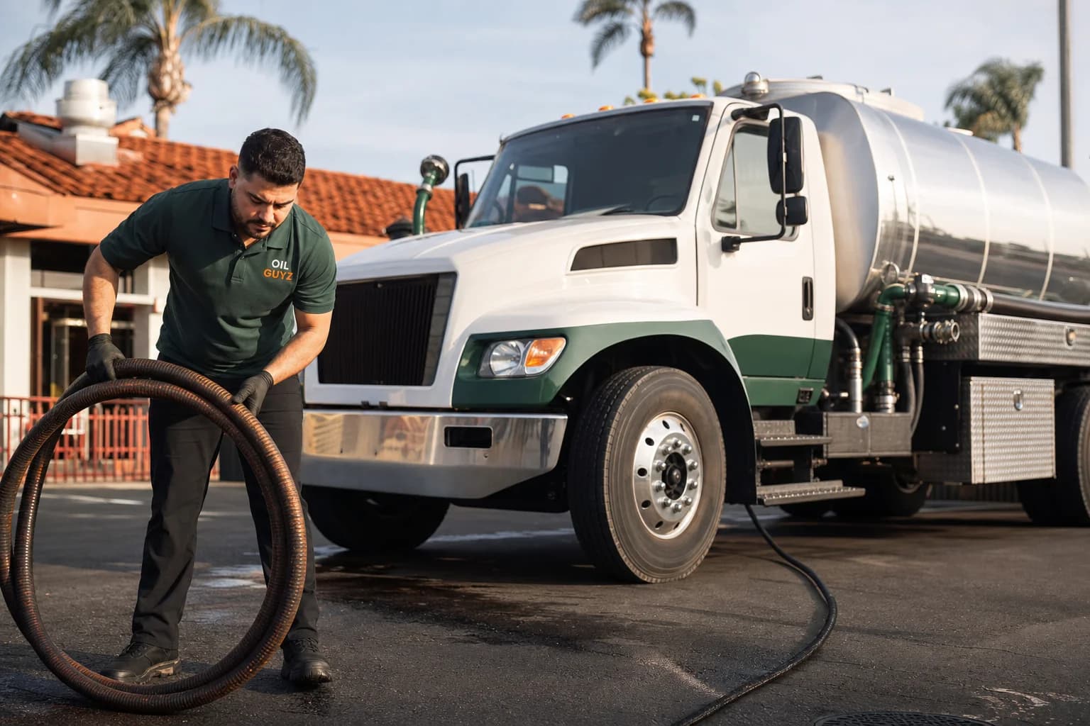 Free used cooking oil pickup at a Garden Grove restaurant — unbranded white pump truck with hunter-green Oil Guyz technician
