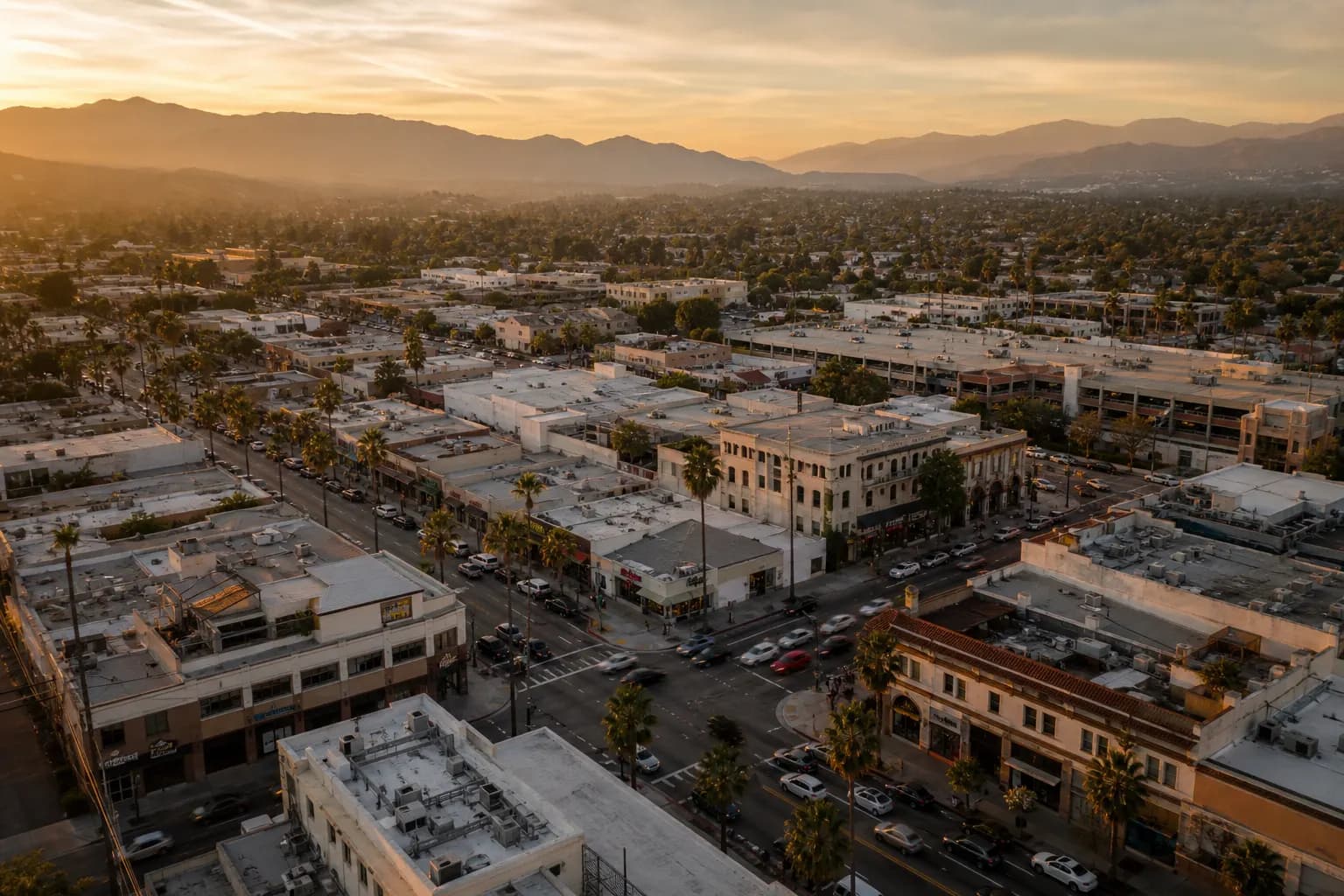Aerial view of Glendora restaurant district at golden hour
