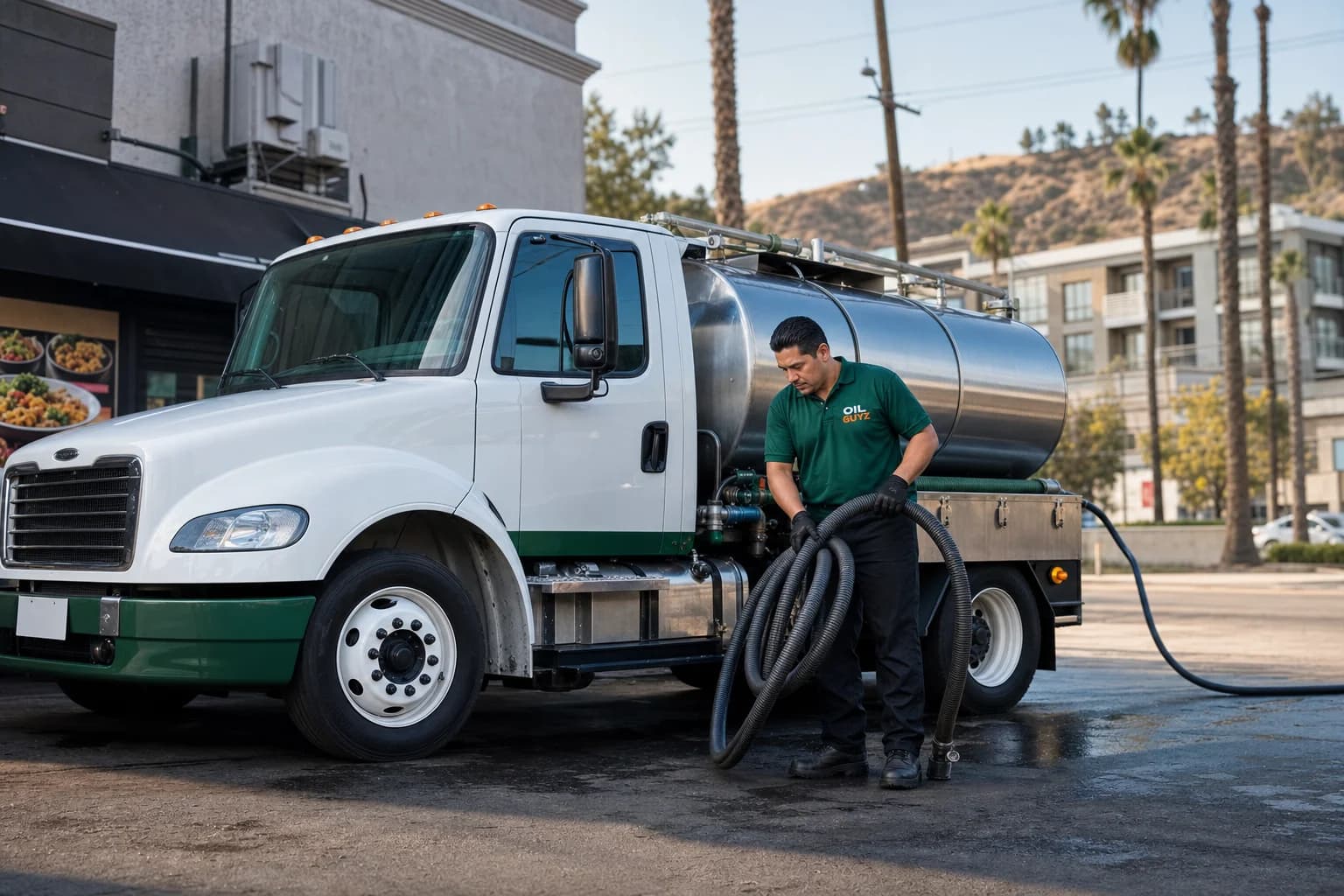 Free used cooking oil pickup at a Glendora restaurant — unbranded white pump truck with hunter-green Oil Guyz technician