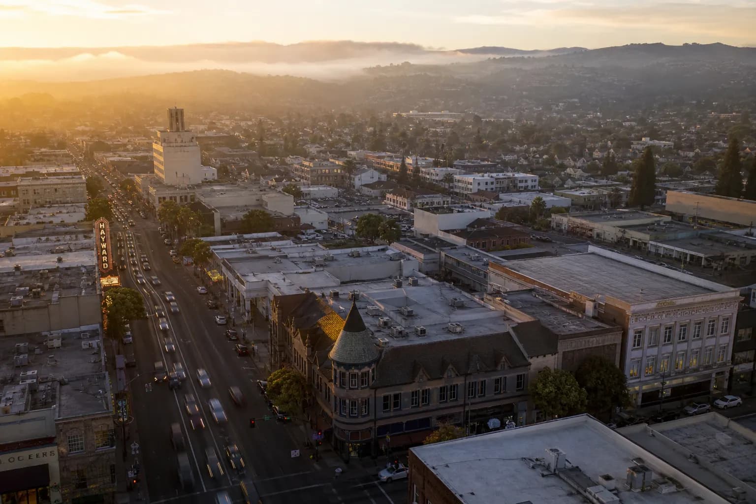 Aerial view of Hayward restaurant district at golden hour