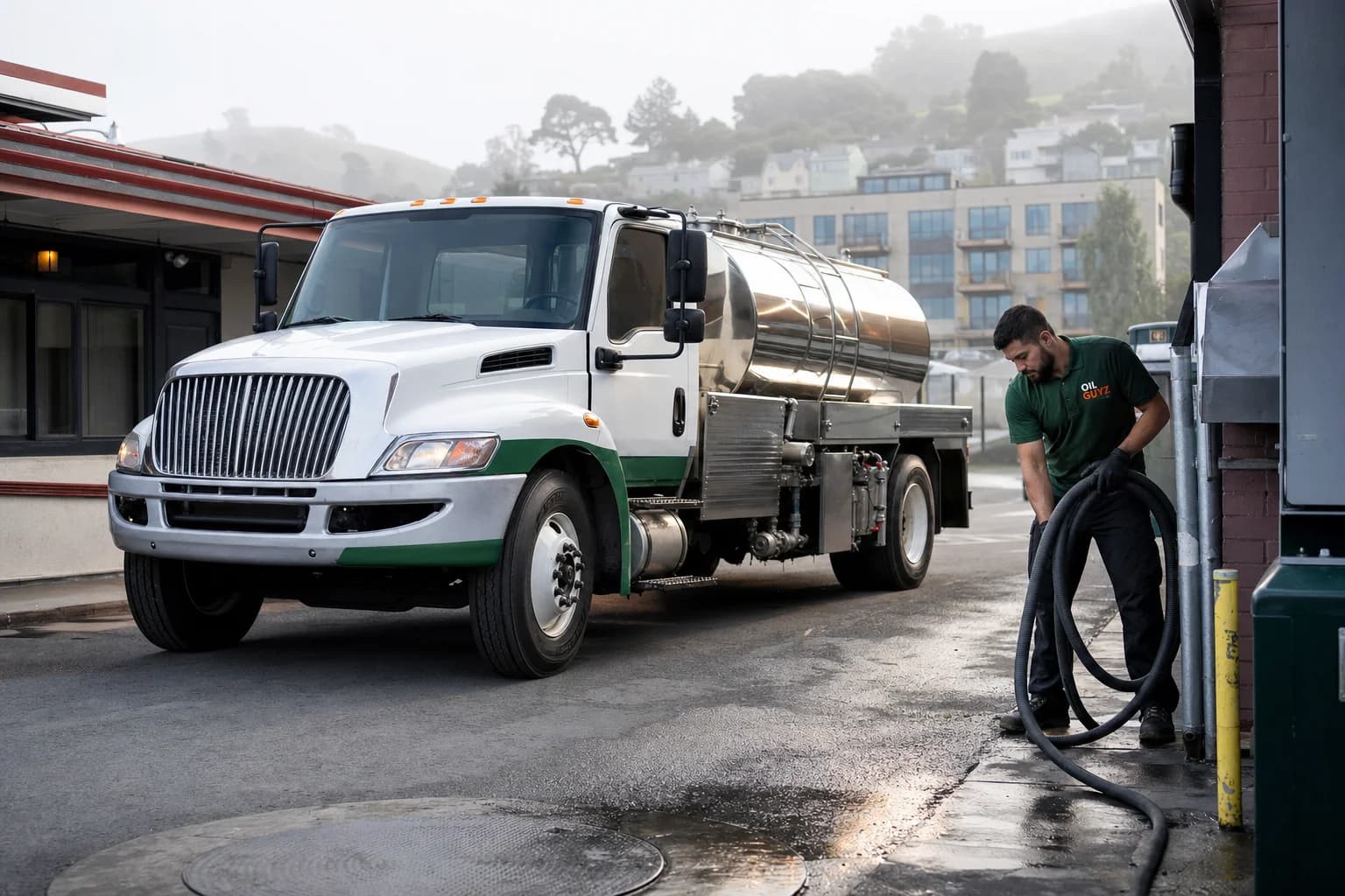 Free used cooking oil pickup at a Hayward restaurant — unbranded white pump truck with hunter-green Oil Guyz technician