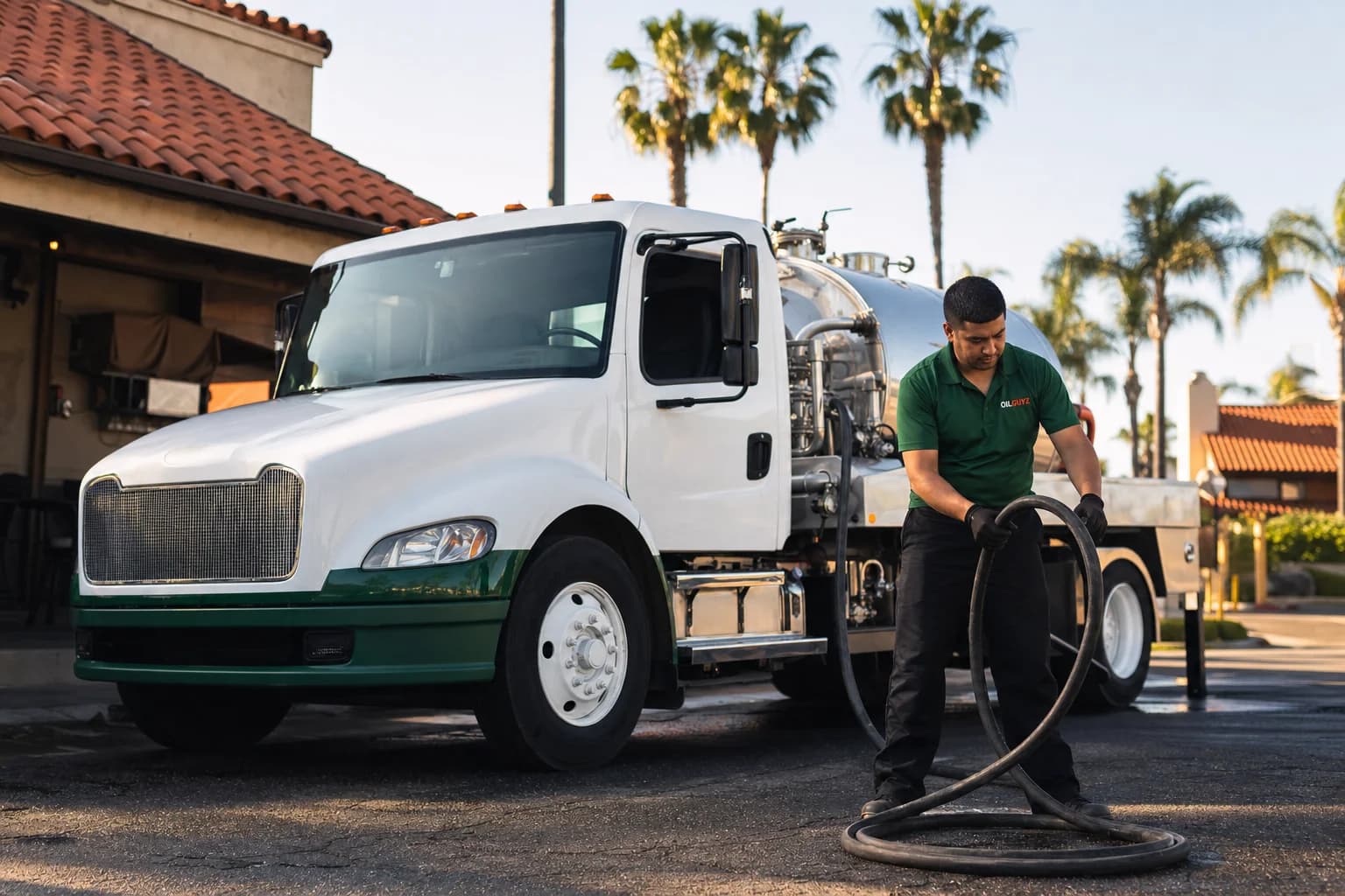 Free used cooking oil pickup at a Huntington Beach restaurant — unbranded white pump truck with hunter-green Oil Guyz technician