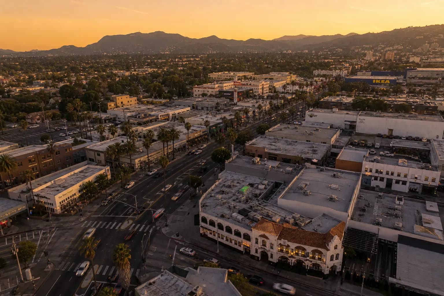 Aerial view of Inglewood restaurant district at golden hour