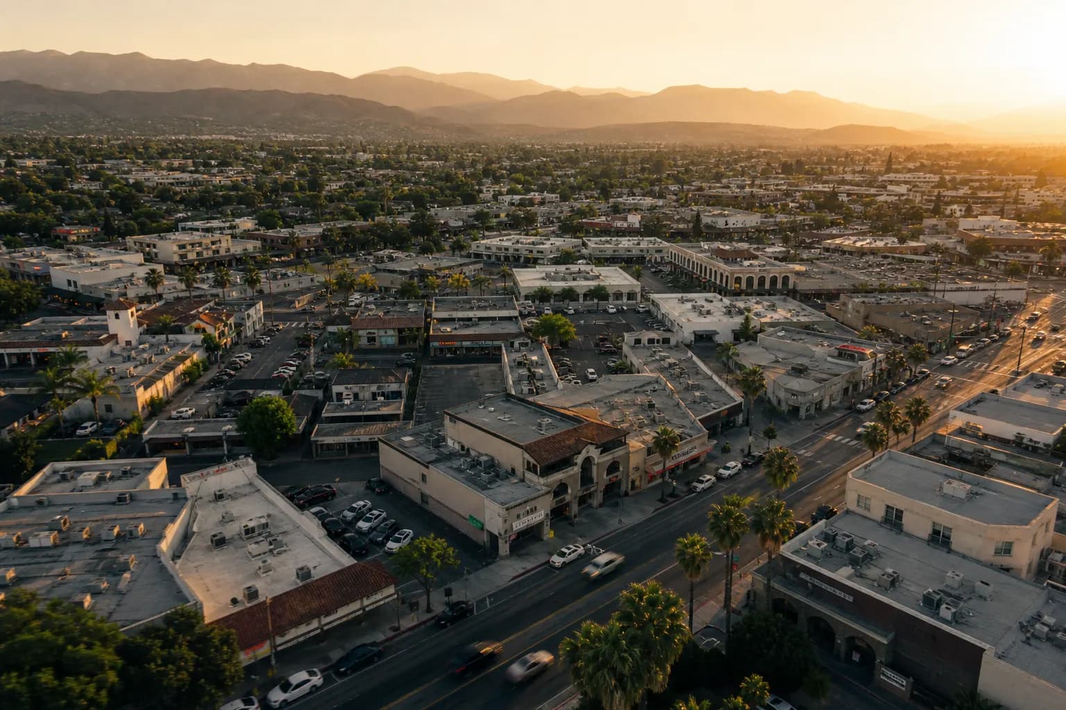 Aerial view of Irwindale restaurant district at golden hour