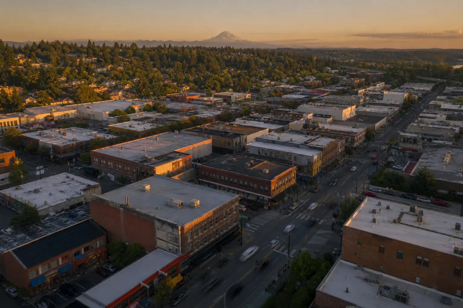 Aerial view of Kent restaurant district at golden hour