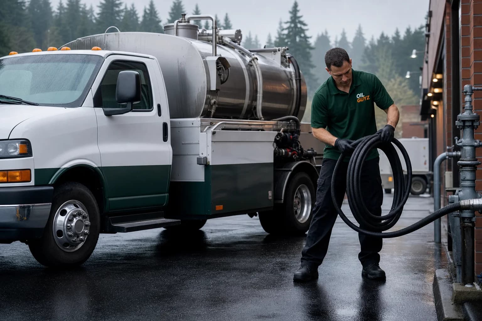 Free used cooking oil pickup at a Kent restaurant — unbranded white pump truck with hunter-green Oil Guyz technician