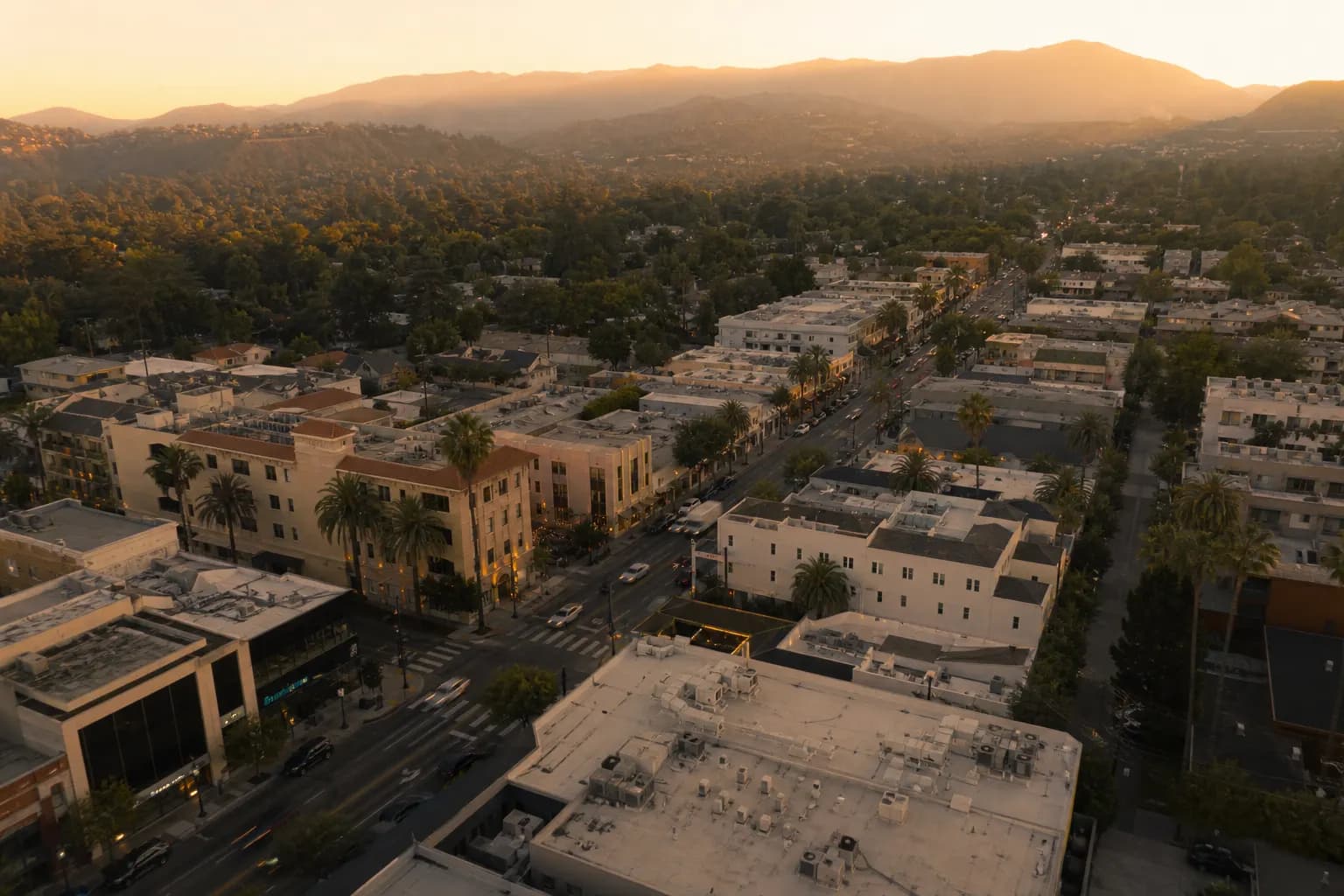 Aerial view of La Cañada Flintridge restaurant district at golden hour