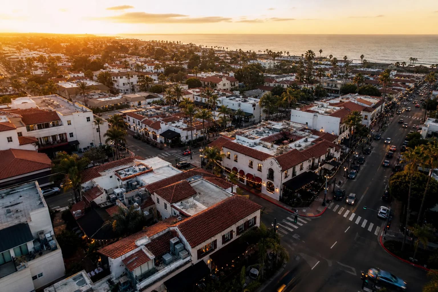 Aerial view of La Mesa restaurant district at golden hour