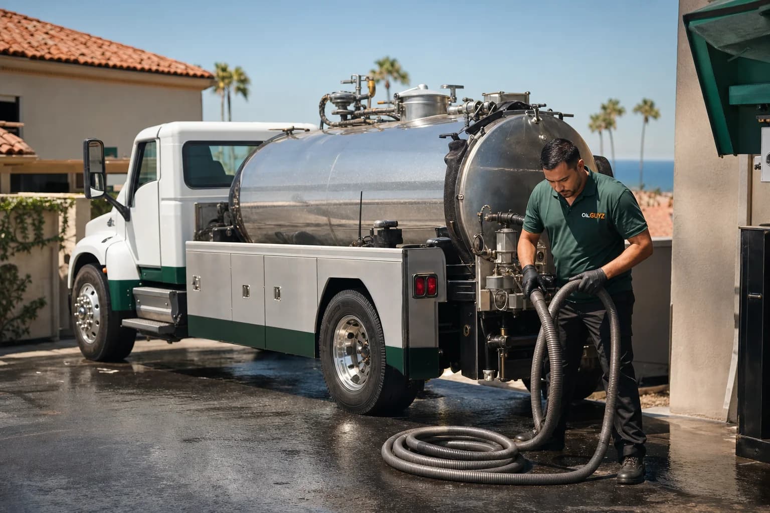 Free used cooking oil pickup at a La Mesa restaurant — unbranded white pump truck with hunter-green Oil Guyz technician