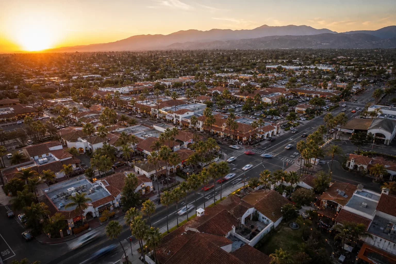 Aerial view of La Palma restaurant district at golden hour