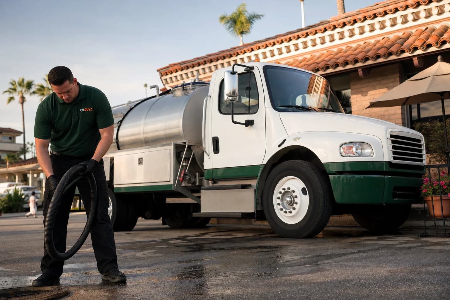 Free used cooking oil pickup at a La Palma restaurant — unbranded white pump truck with hunter-green Oil Guyz technician