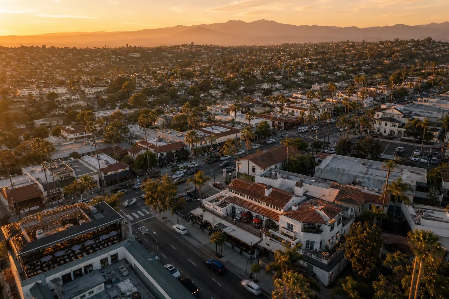 Aerial view of Laguna Beach restaurant district at golden hour