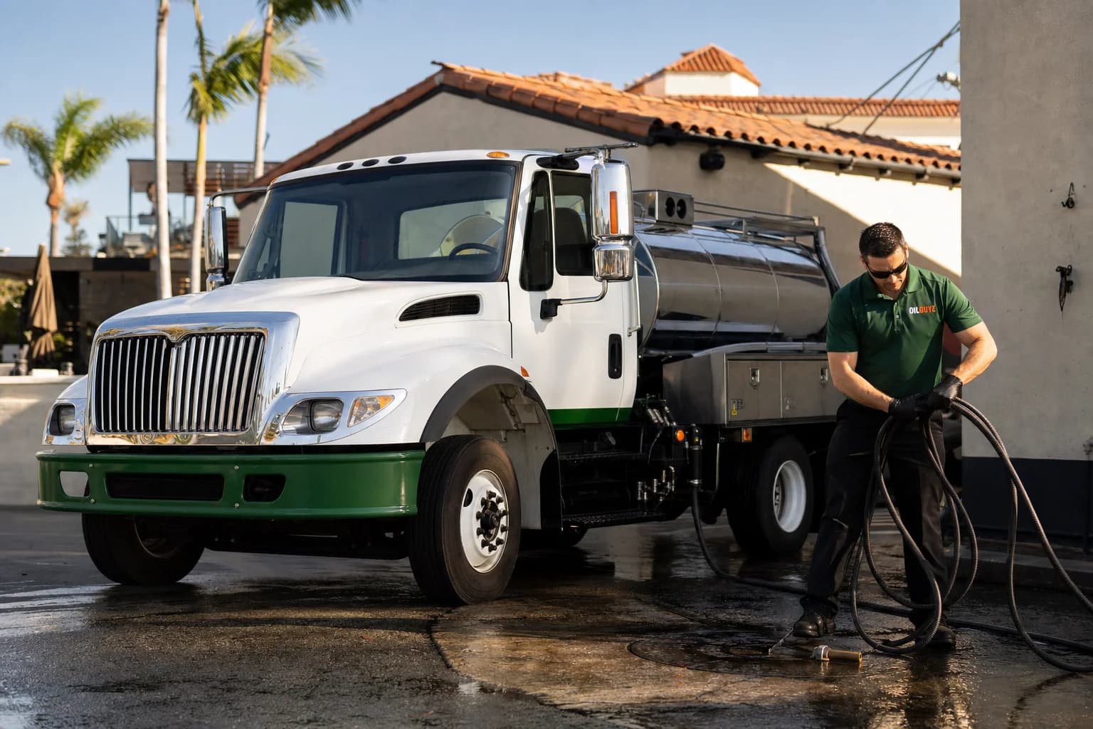 Free used cooking oil pickup at a Laguna Beach restaurant — unbranded white pump truck with hunter-green Oil Guyz technician