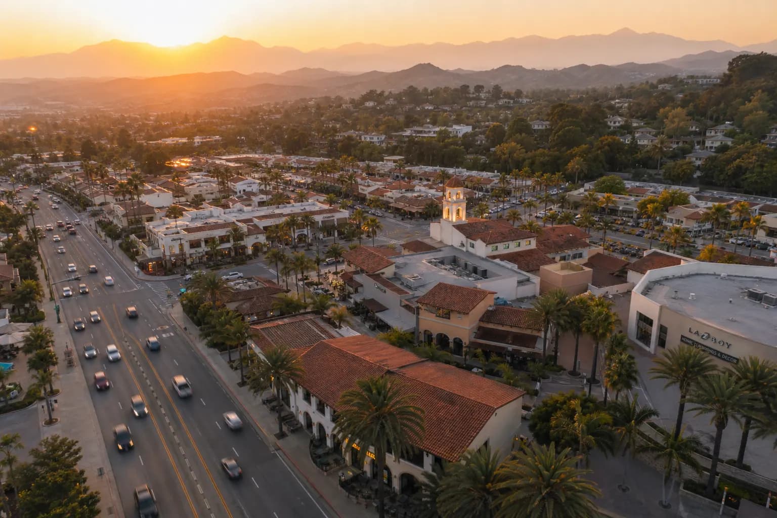 Aerial view of Laguna Hills restaurant district at golden hour
