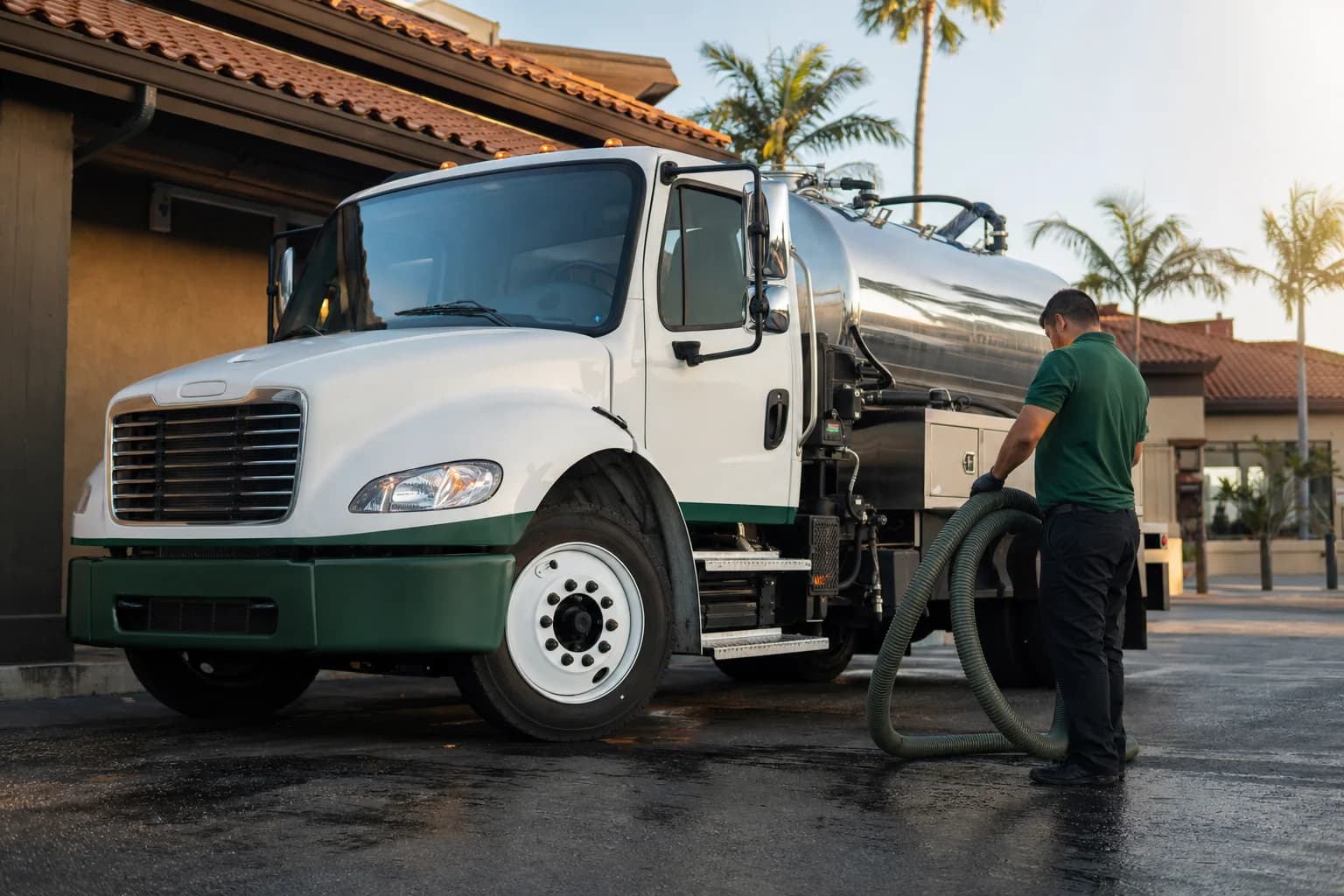 Free used cooking oil pickup at a Laguna Hills restaurant — unbranded white pump truck with hunter-green Oil Guyz technician