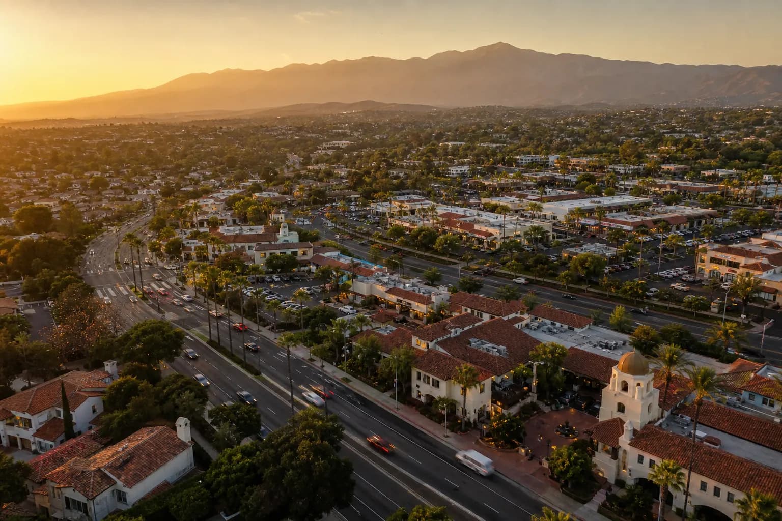 Aerial view of Laguna Niguel restaurant district at golden hour
