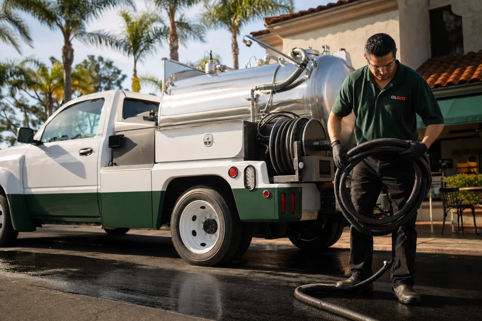 Free used cooking oil pickup at a Laguna Niguel restaurant — unbranded white pump truck with hunter-green Oil Guyz technician