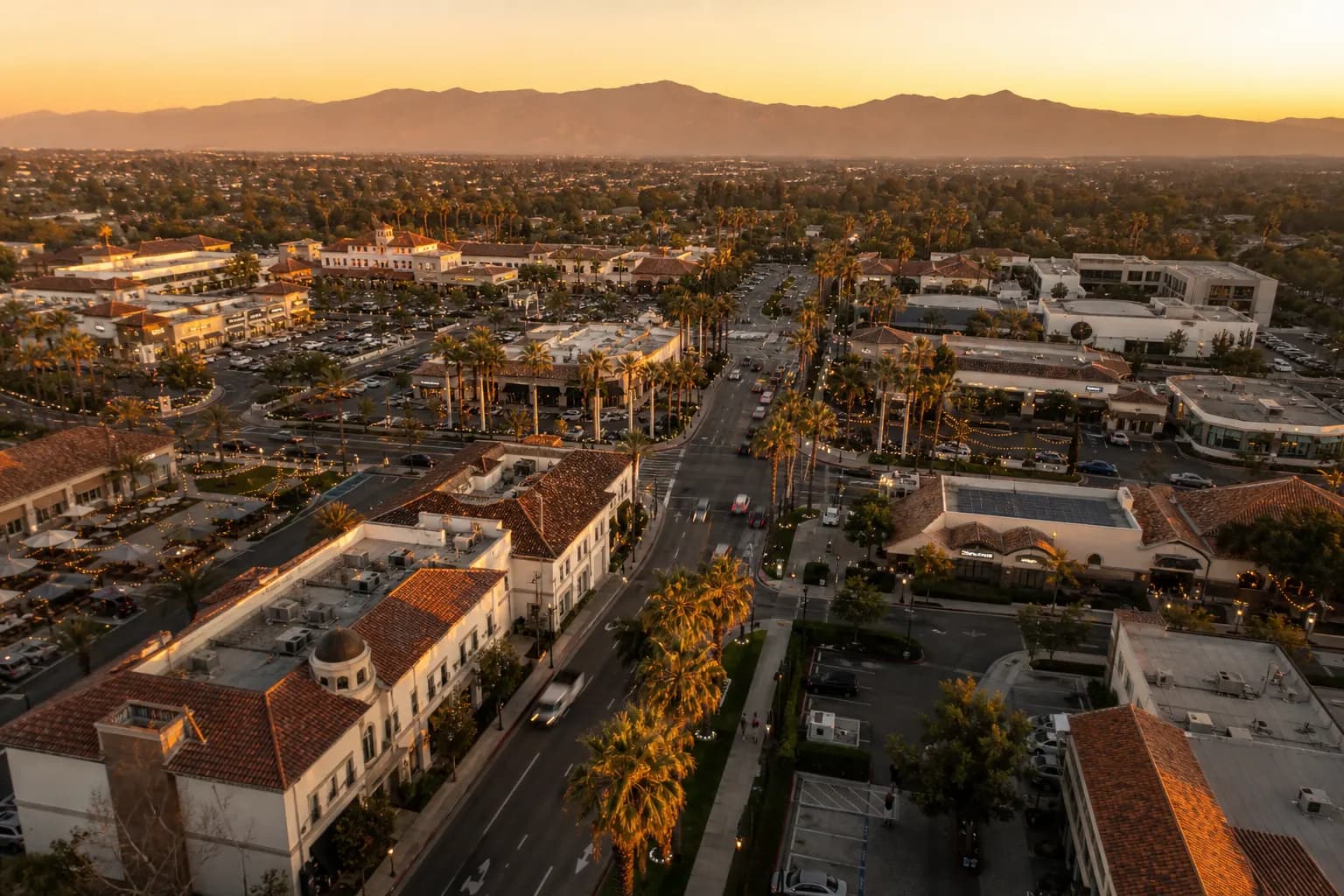 Aerial view of Lake Forest restaurant district at golden hour