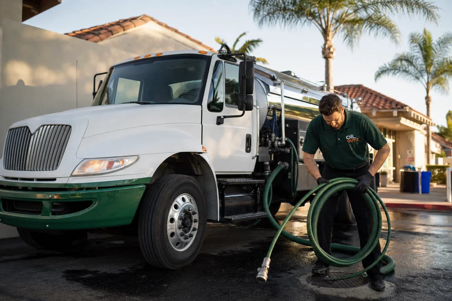Free used cooking oil pickup at a Lake Forest restaurant — unbranded white pump truck with hunter-green Oil Guyz technician