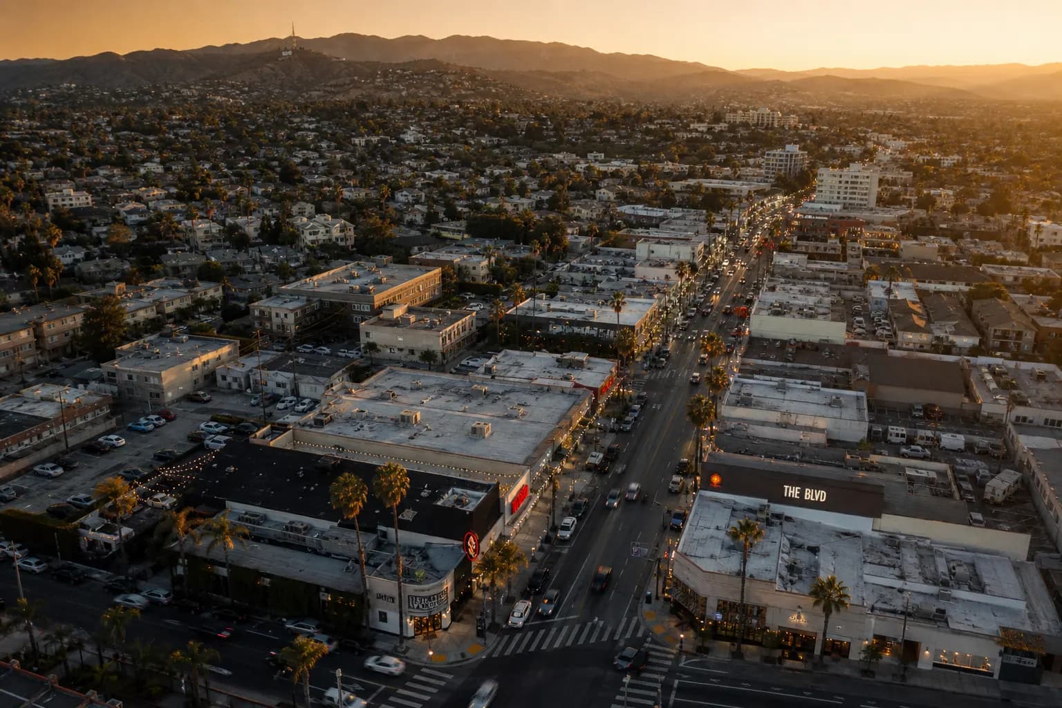 Aerial view of Lancaster restaurant district at golden hour