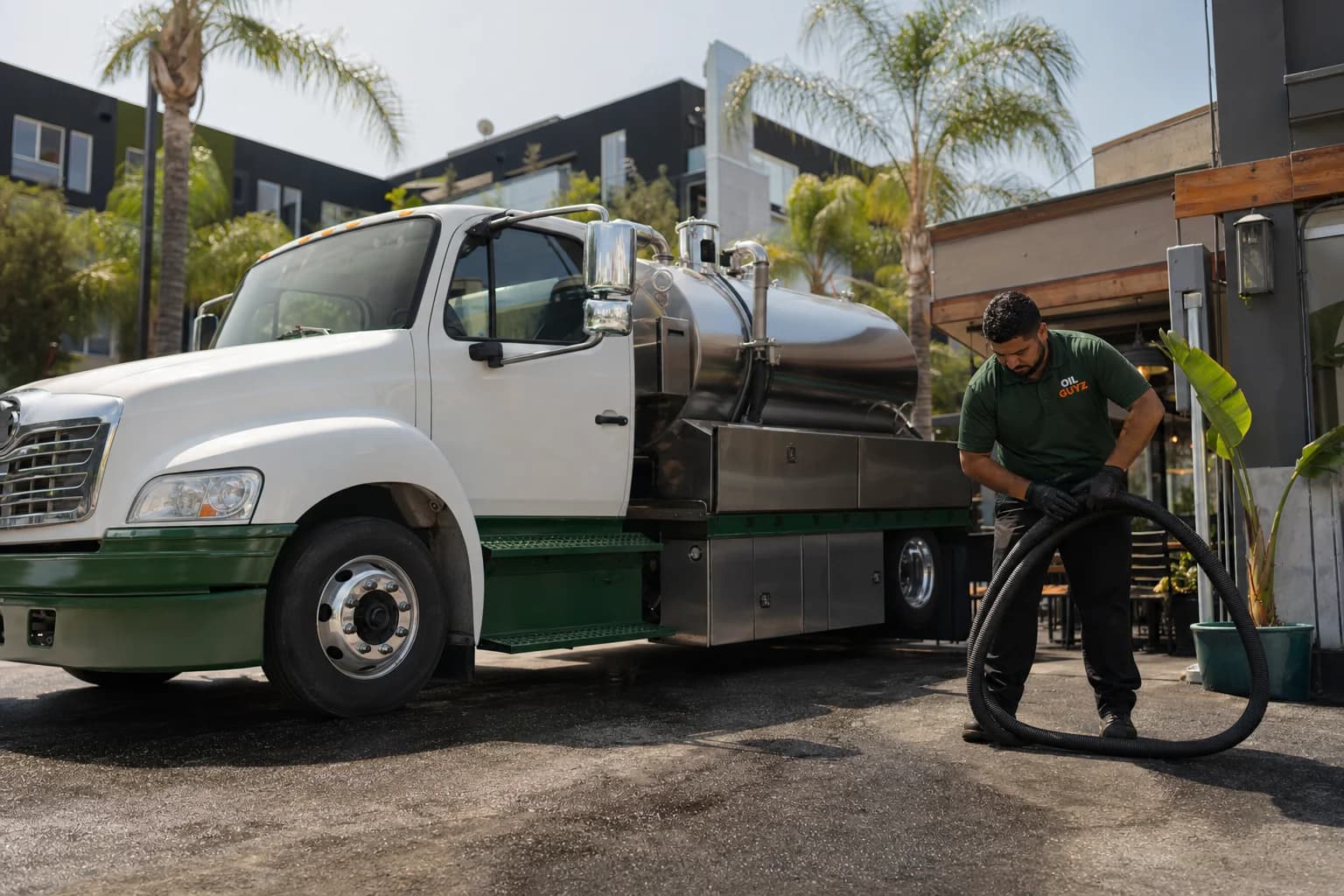 Free used cooking oil pickup at a Lancaster restaurant — unbranded white pump truck with hunter-green Oil Guyz technician