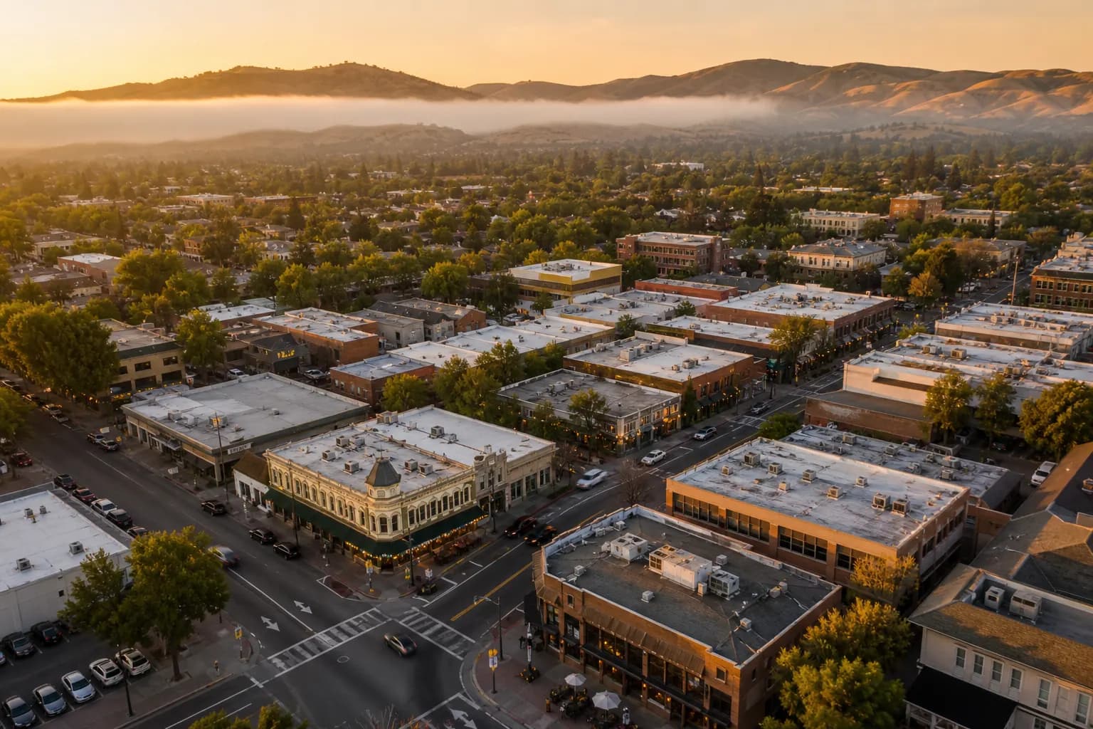 Aerial view of Livermore restaurant district at golden hour