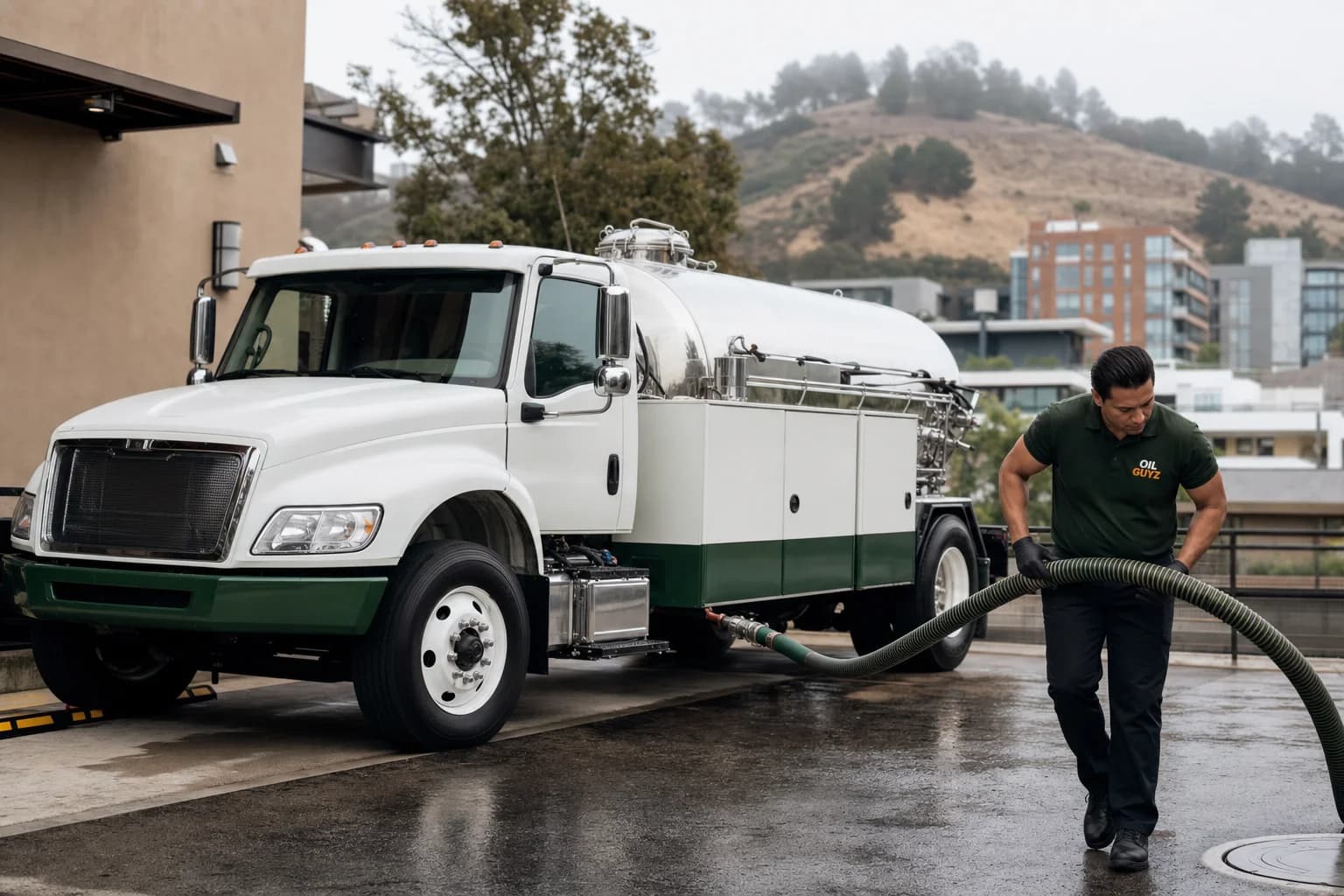 Free used cooking oil pickup at a Livermore restaurant — unbranded white pump truck with hunter-green Oil Guyz technician