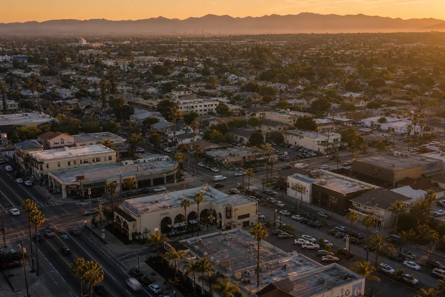 Aerial view of Lomita restaurant district at golden hour