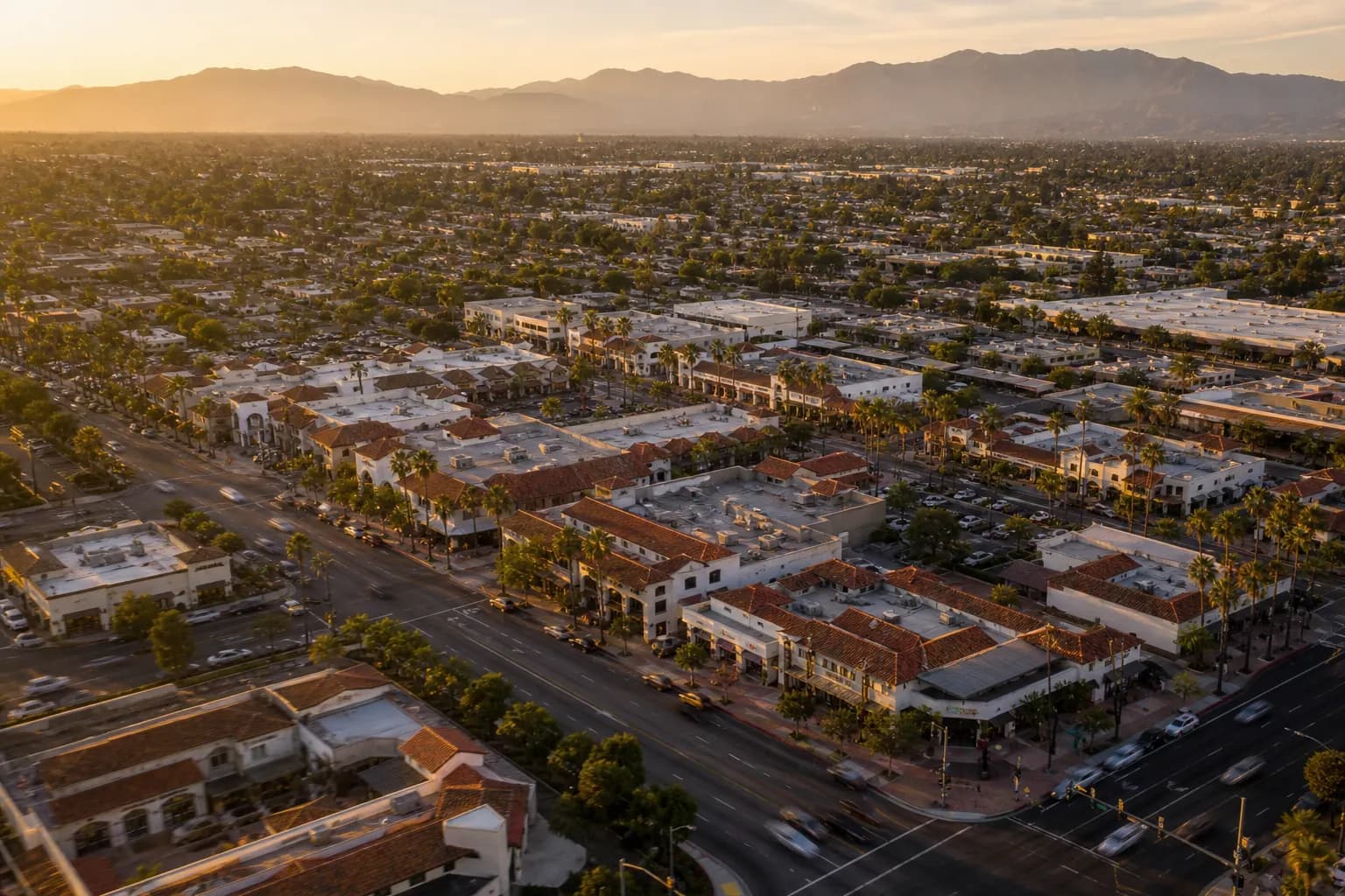 Aerial view of Los Alamitos restaurant district at golden hour