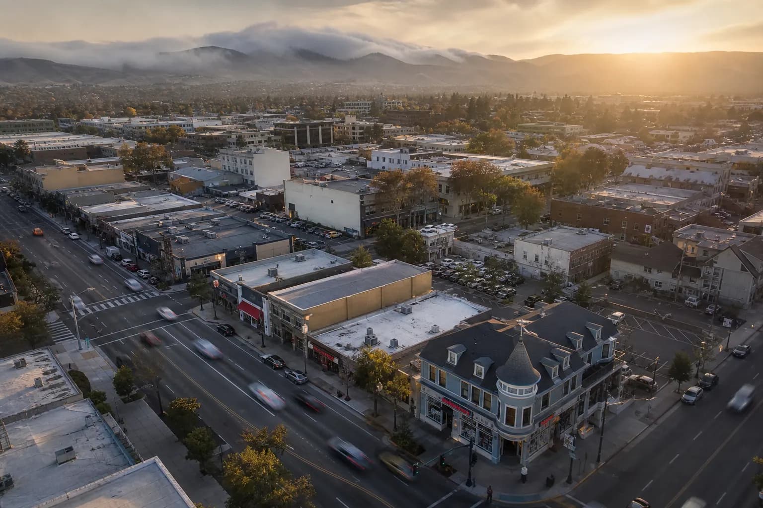 Aerial view of Milpitas restaurant district at golden hour