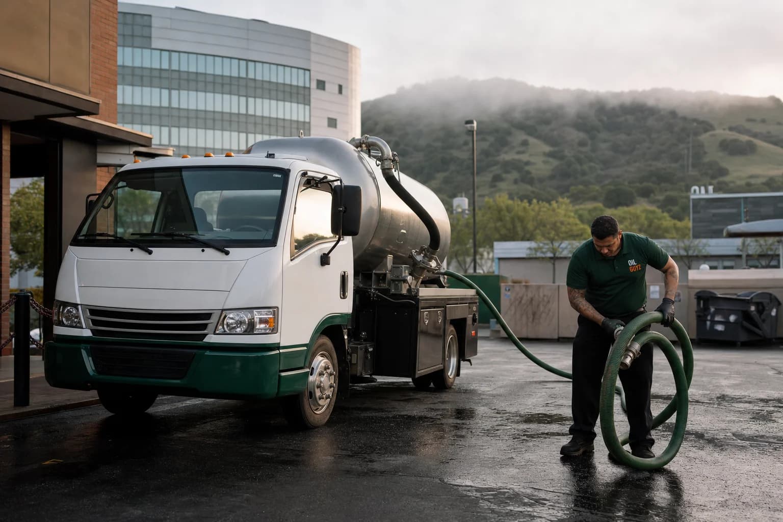 Free used cooking oil pickup at a Milpitas restaurant — unbranded white pump truck with hunter-green Oil Guyz technician