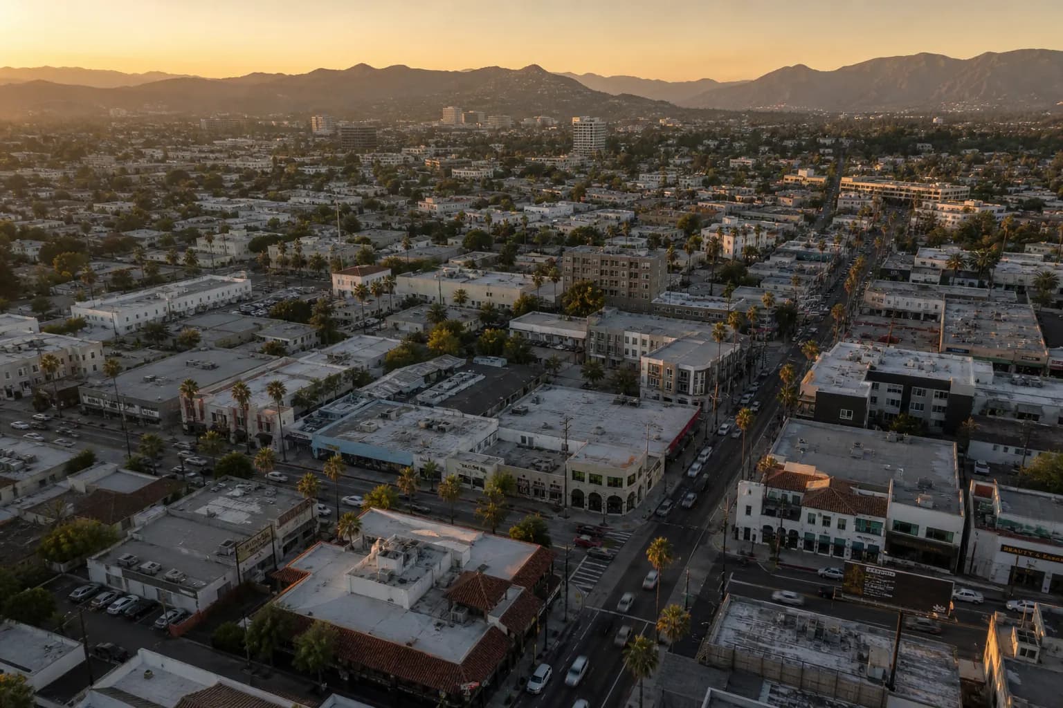 Aerial view of Monrovia restaurant district at golden hour