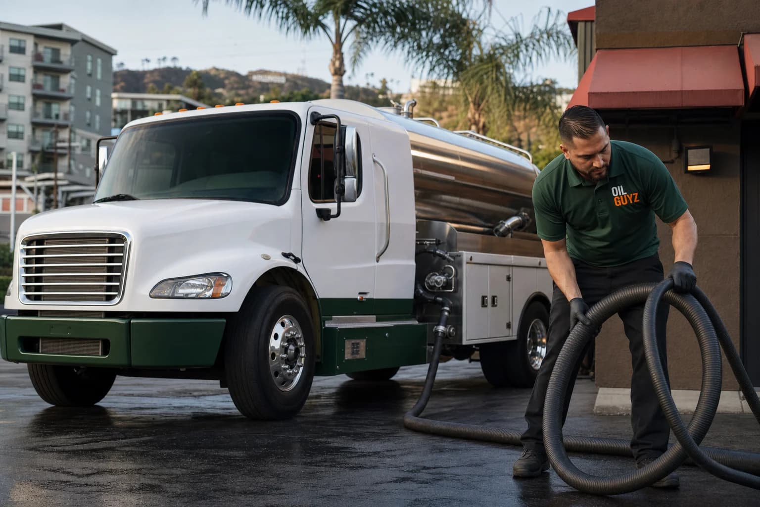 Free used cooking oil pickup at a Monrovia restaurant — unbranded white pump truck with hunter-green Oil Guyz technician