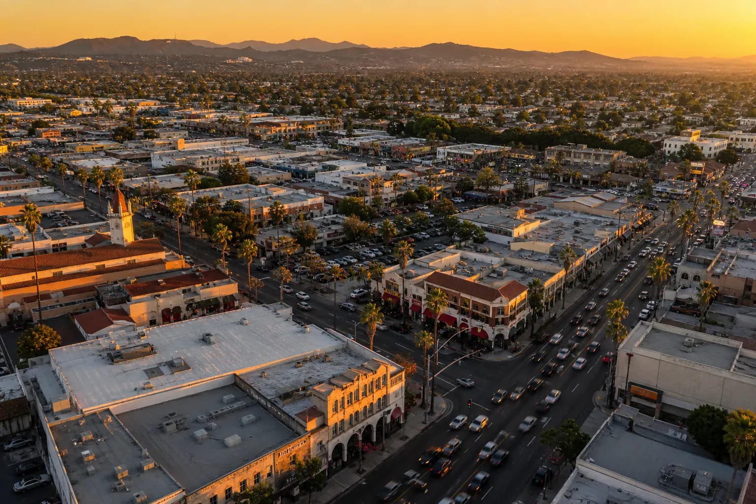 Aerial view of Montebello restaurant district at golden hour
