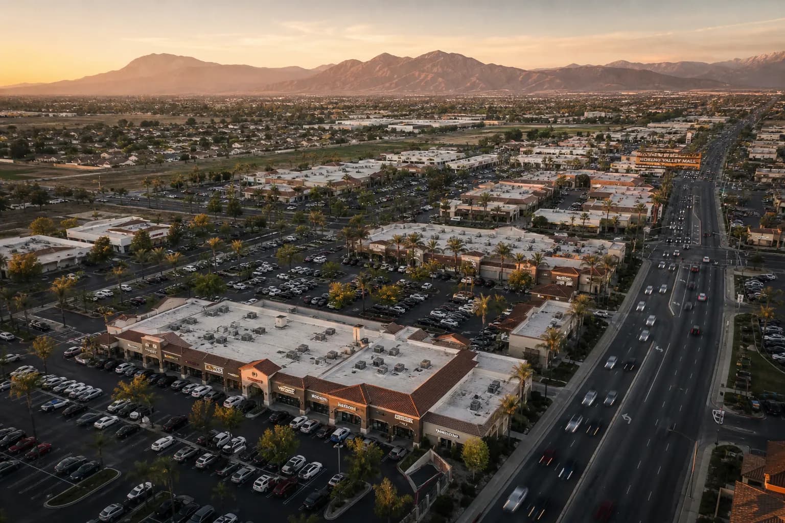 Aerial view of Moreno Valley restaurant district at golden hour