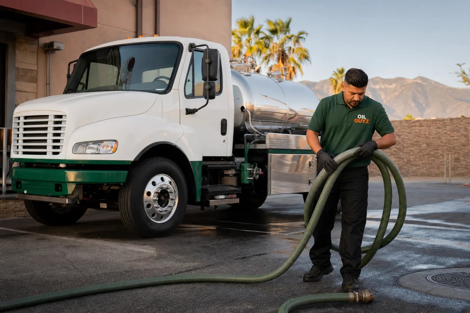 Free used cooking oil pickup at a Moreno Valley restaurant — unbranded white pump truck with hunter-green Oil Guyz technician