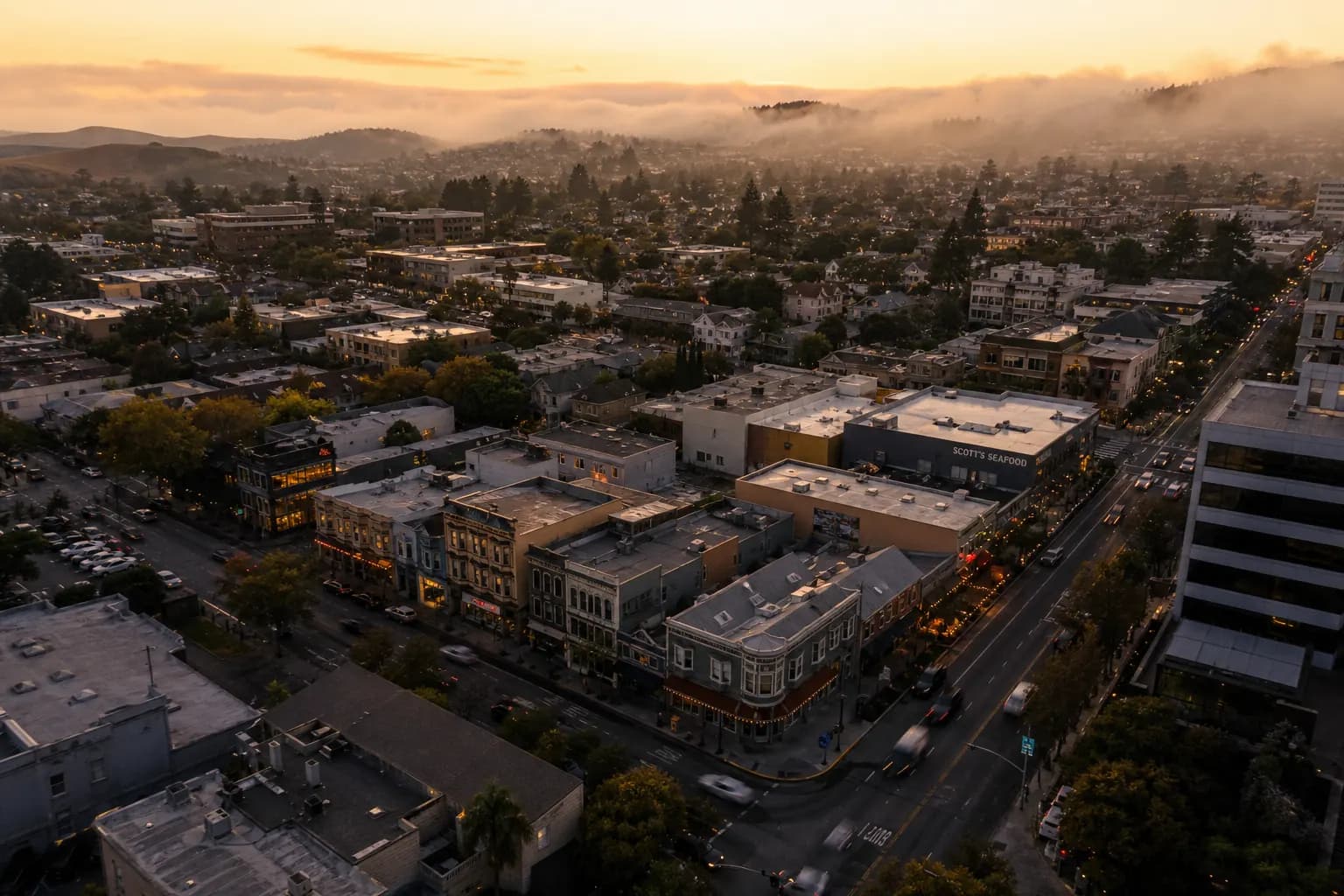 Aerial view of Newark restaurant district at golden hour