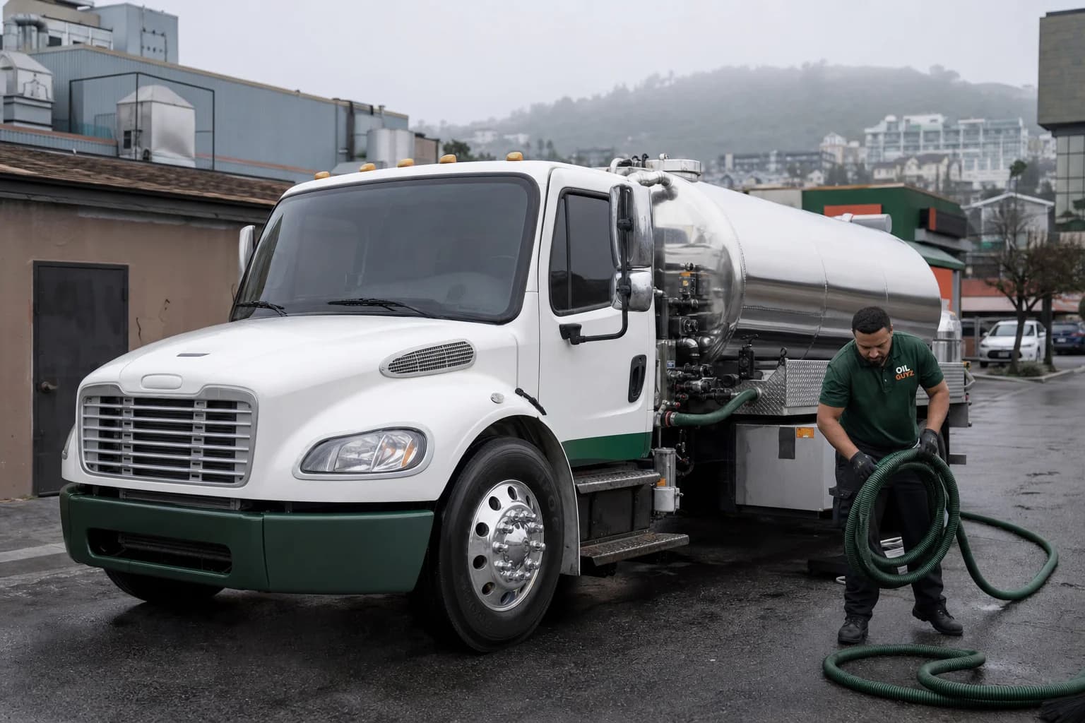 Free used cooking oil pickup at a Newark restaurant — unbranded white pump truck with hunter-green Oil Guyz technician
