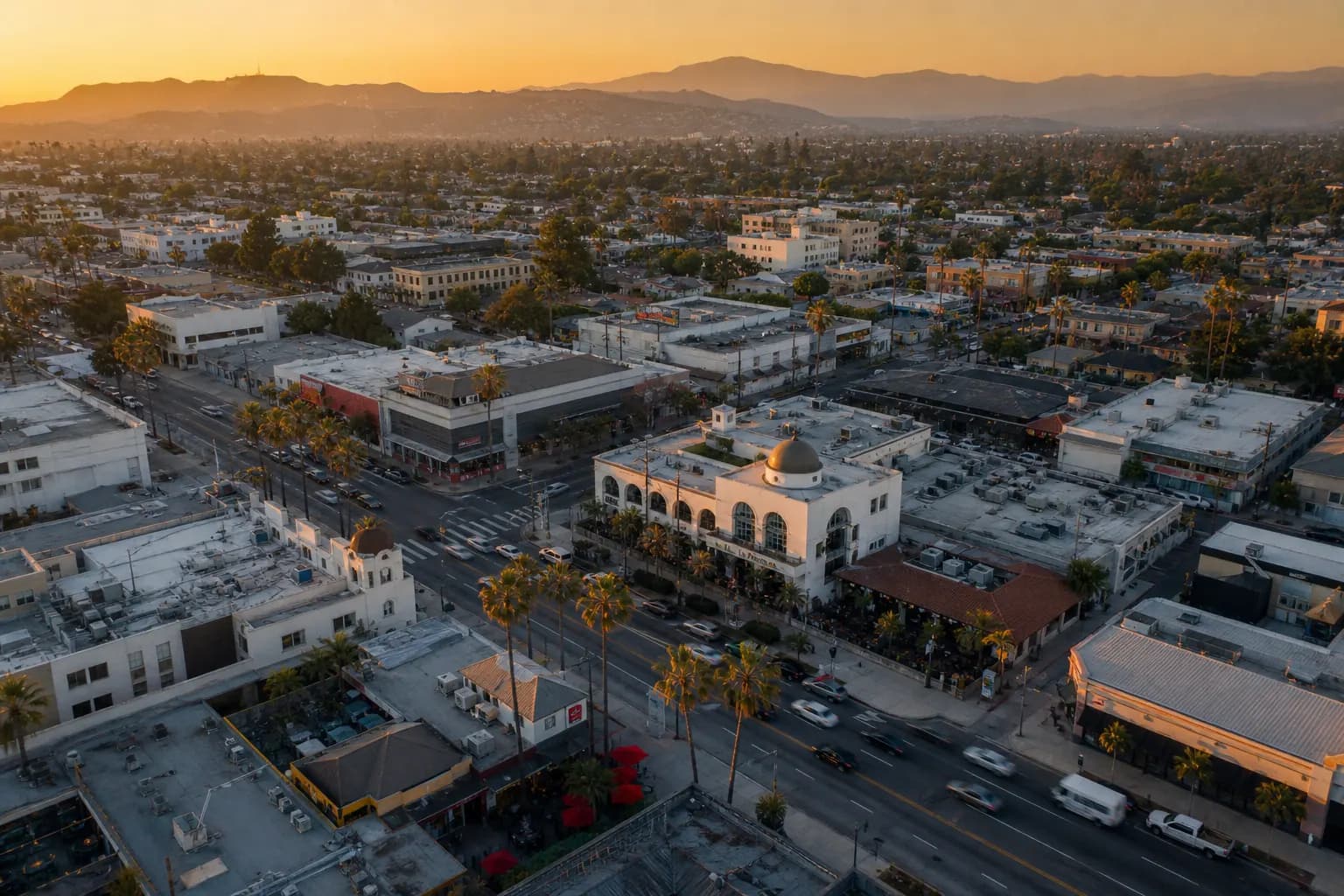 Aerial view of Norwalk restaurant district at golden hour