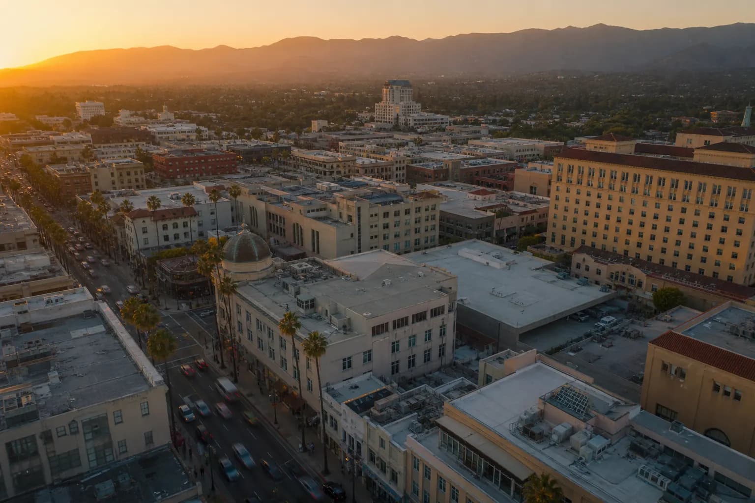 Aerial view of Pasadena restaurant district at golden hour