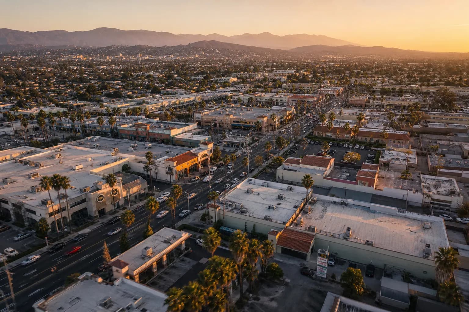 Aerial view of Pico Rivera restaurant district at golden hour