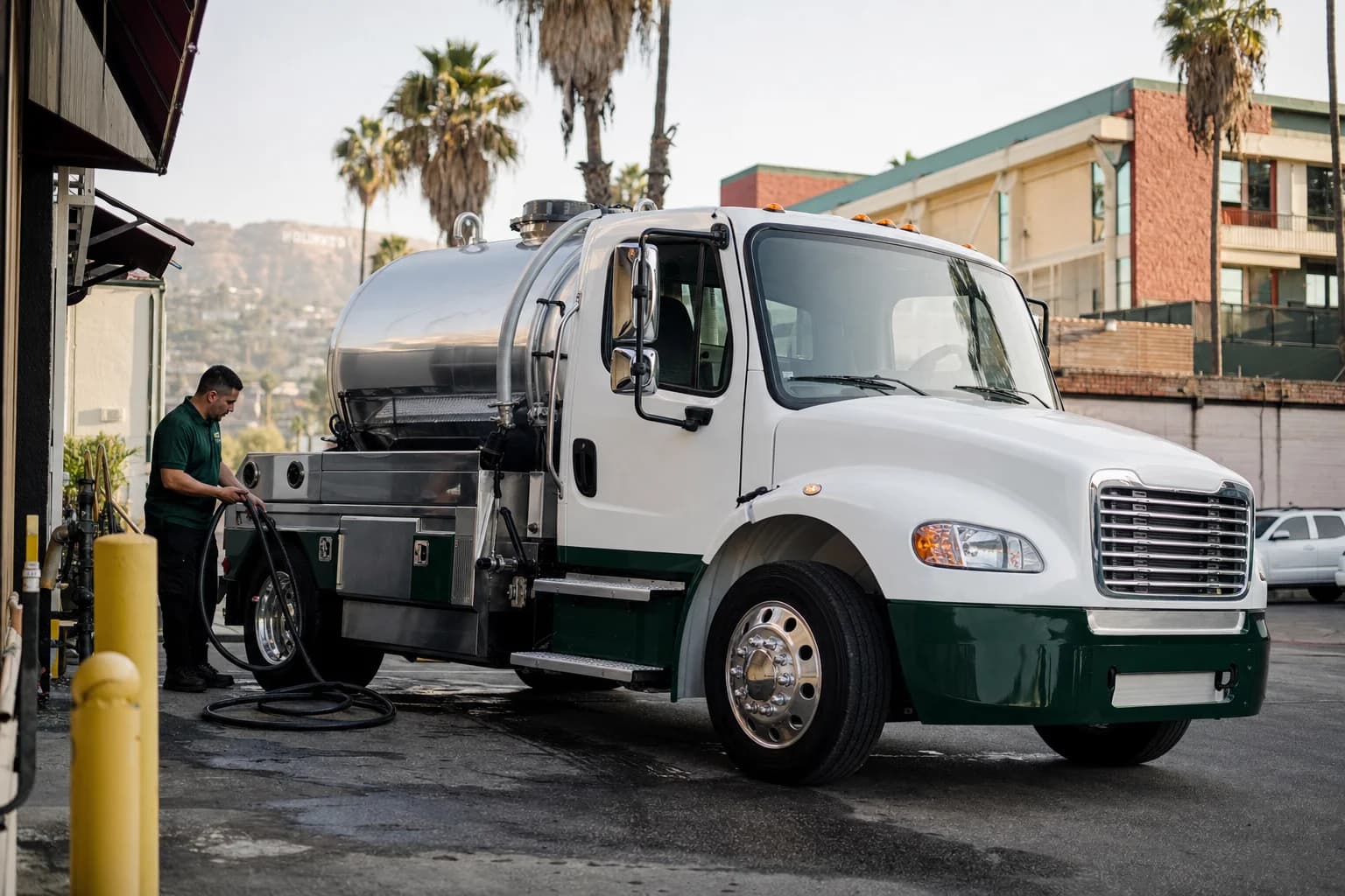 Free used cooking oil pickup at a Pico Rivera restaurant — unbranded white pump truck with hunter-green Oil Guyz technician