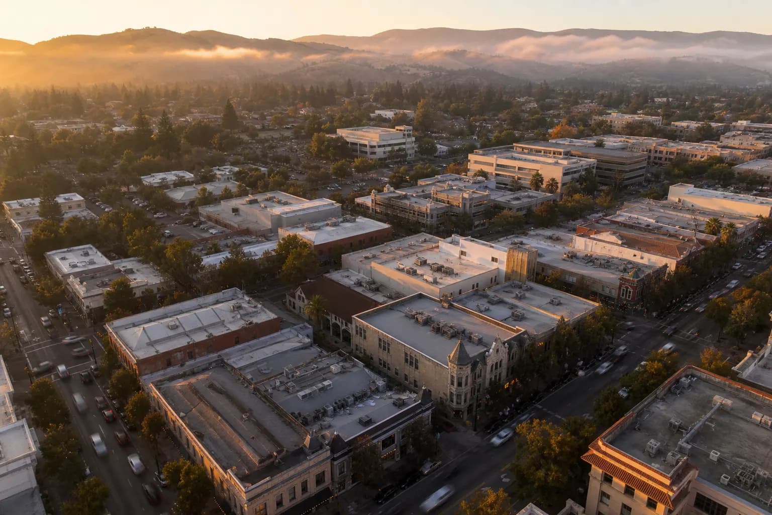Aerial view of Pleasanton restaurant district at golden hour