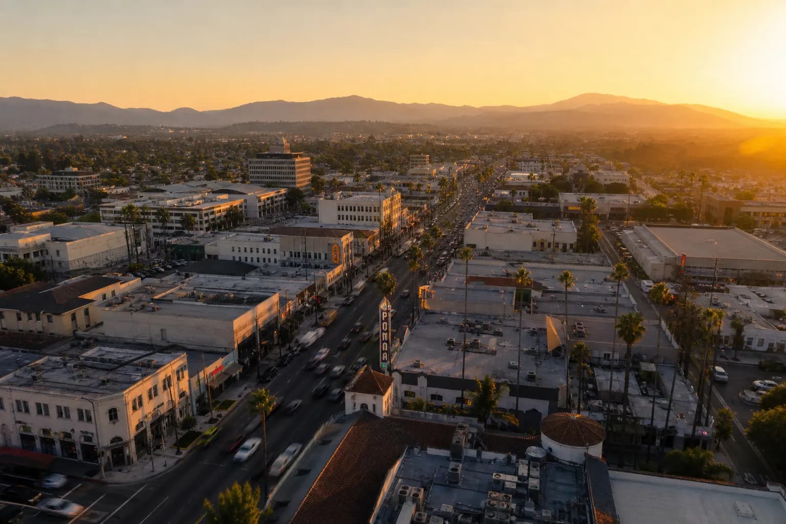 Aerial view of Pomona restaurant district at golden hour